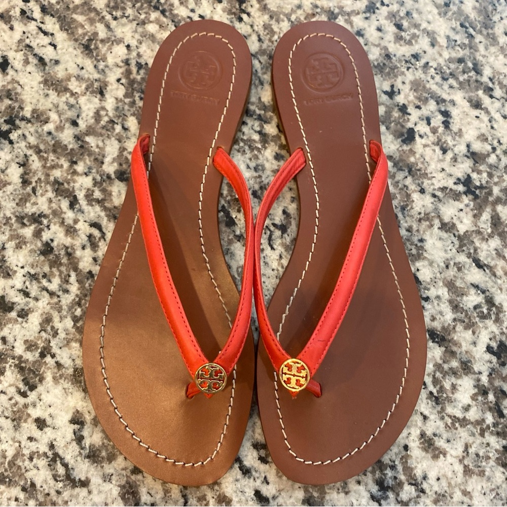 Tory Burch Flip Flops, ALMOST brand new, Orange, Size 9